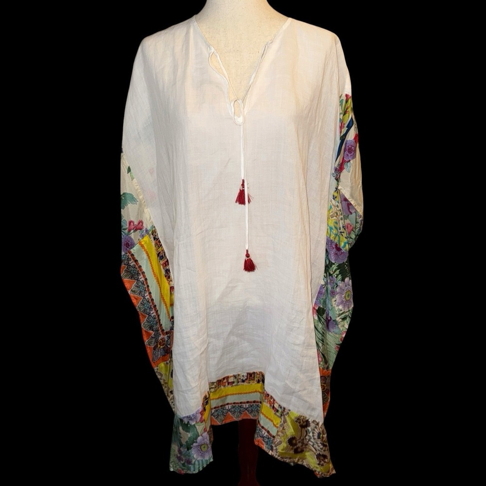 Johnny Was Kaftan Coverup Women's Sz L White Patchwork Print‎ Trim Boho Resort